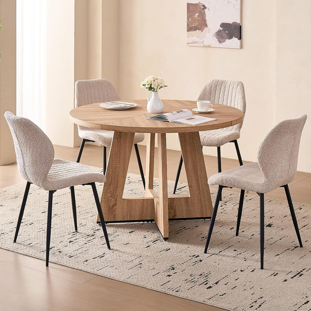 47" Round Dining Room Table Set for 4, [Fanned Base] [1.38" Thick Top] Wood Kitchen Table with 4 Boucle Dining Chairs
