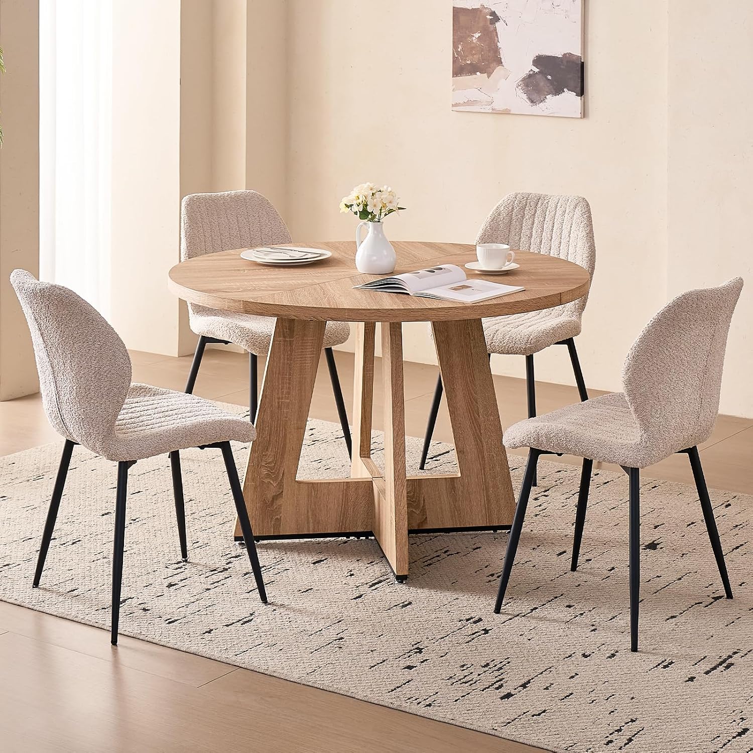 47" Round Dining Room Table Set for 4, [Fanned Base] [1.38" Thick Top] Wood Kitchen Table with 4 Boucle Dining Chairs
