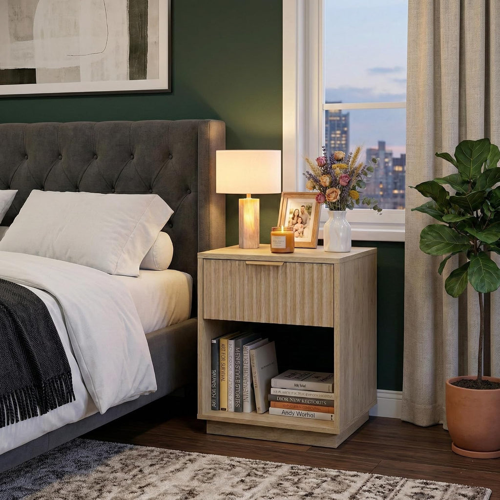holzart Fluted Wood Nightstand with Hidden Compartment, Modern Oak End Table with Wavy Drawer and Open Shelf, Boho Bedside Side Table for Bedroom and Living Room