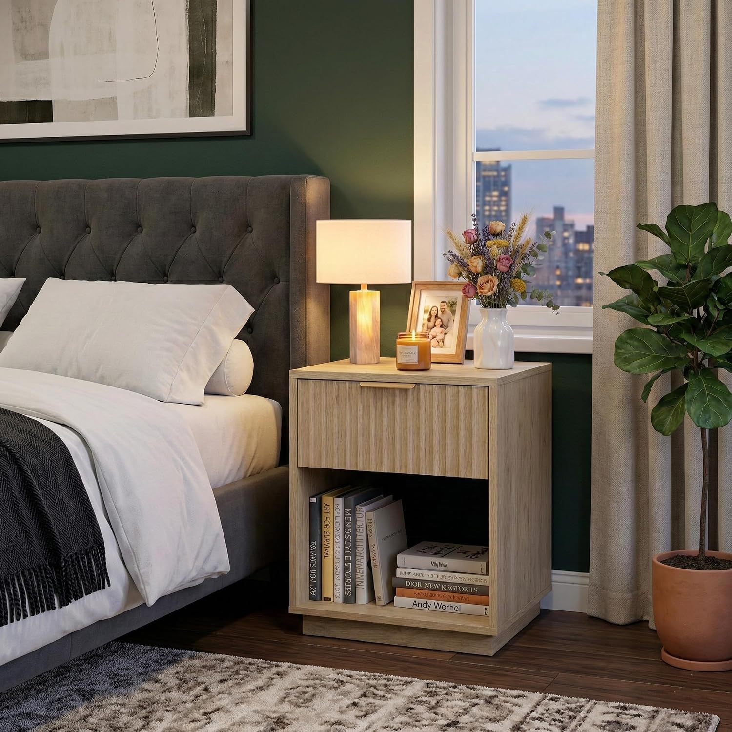 holzart Fluted Wood Nightstand with Hidden Compartment, Modern Oak End Table with Wavy Drawer and Open Shelf, Boho Bedside Side Table for Bedroom and Living Room