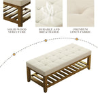 Befurtori Large Rectangular Upholstered Ottoman Bench, Linen Tufted Footrest Ottoman with Solid Wood Shelf Storage Coffee Table for Bedroom Living Room, Ivory