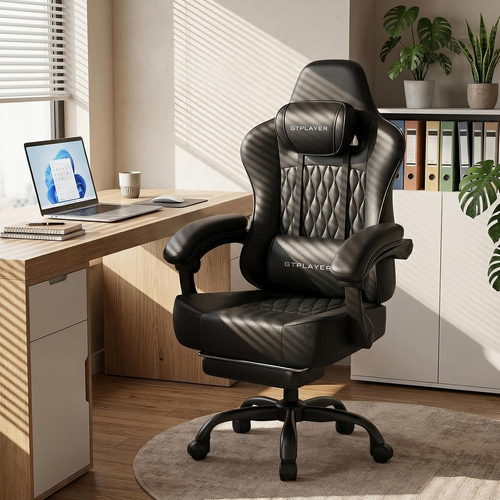 GTPLAYER Gaming Chair, 𝐁𝐢𝐠 𝐚𝐧𝐝 𝐓𝐚𝐥𝐥 Gaming Chair for Adults, 𝐖𝐢𝐝𝐞 𝐒𝐞𝐚𝐭 Computer Game Chairs with 𝐓𝐡𝐢𝐜𝐤 𝐏𝐨𝐜𝐤𝐞𝐭 𝐒𝐩𝐫𝐢𝐧𝐠 𝐂𝐮𝐬𝐡𝐢𝐨𝐧 & Footrest, Carbon Black