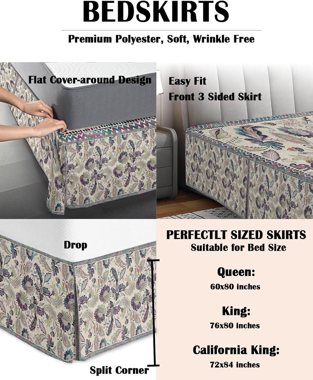 Bed Skirt King Size Paisley Ethnic Style Pleated Dust Ruffle Easy Fit Bedskirts with 16 Inch Drop Purple Vintage Floral Wrinkle and Fade Resistant Bedroom Decor