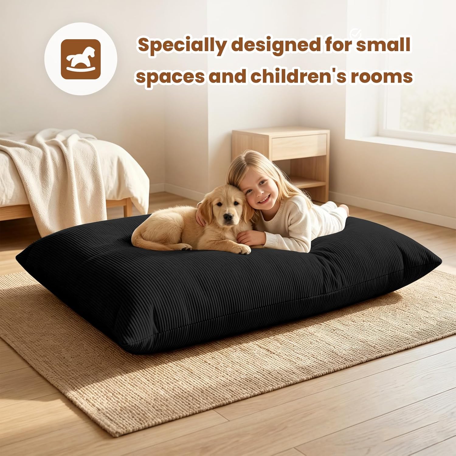 POWERFUEL Kids Bean Bag Bed 3 in 1, Foldable Compression Sofa Bed for Children, Toddler Floor Lounger with Soft Removable Washable Cover, Foam Filled Chair for Bedroom Living Room Guest Bed