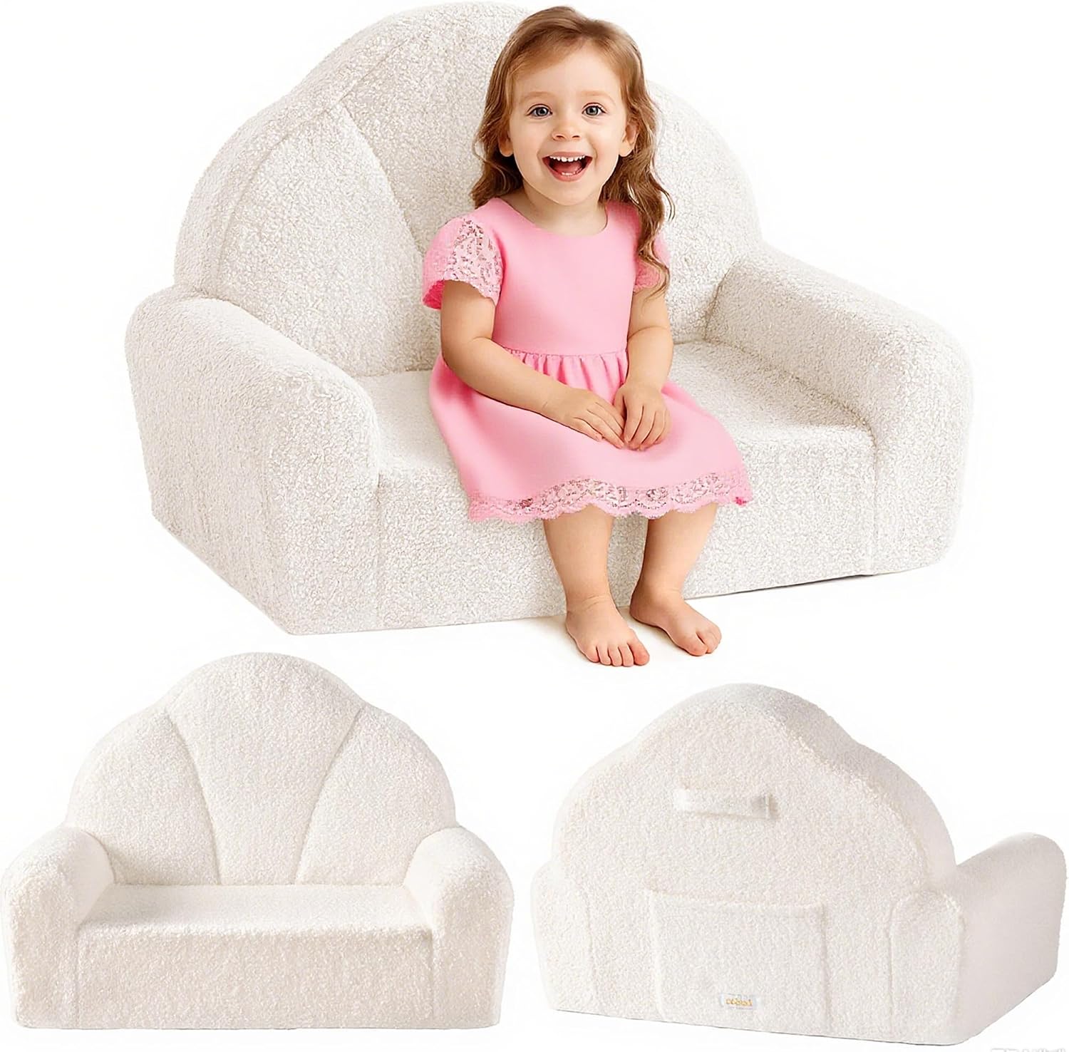 ROBUD Toddler Chair, Comfy Kids Sofa with Teddy Fleece, High Resilience Sponge, and Hidden Storage Pocket, Toddler Couch with Princess Style Design, Kids Couch for Boys and Girls, White