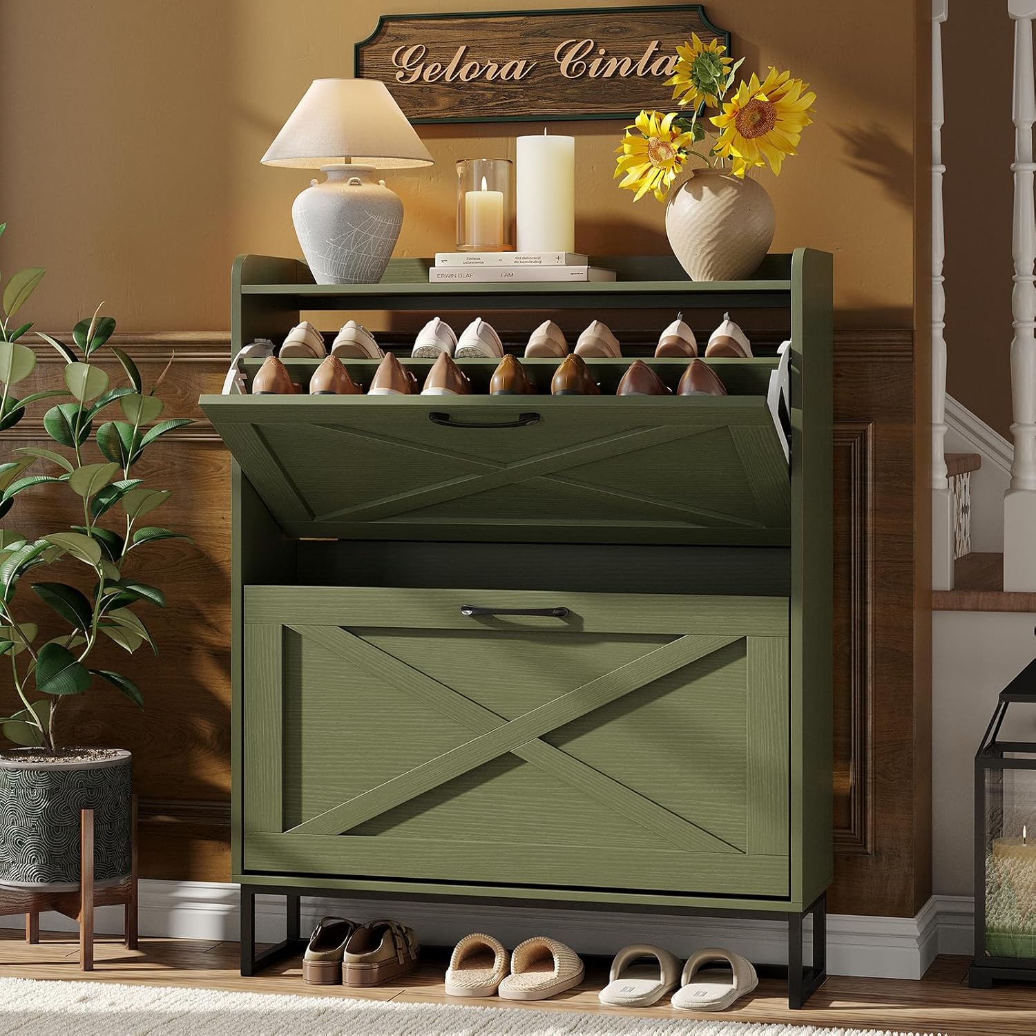 Maupvit Shoe Storage Cabinet with 2 Flip Drawers, Freestanding Shoe Organizer with Metal Legs for Entryway, Narrow Shoe Rack Cabinet, Green