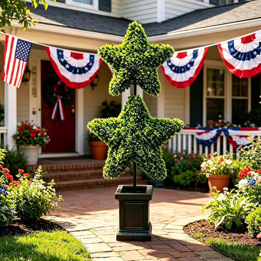 Patriotic Star Topiary Tree, Two Star Artificial Boxwood Topiary Tree, Indoor Outdoor Patriotic Star Shaped Artificial Plant Decor for 4th of July Indoor Outdoor Memorial Day Centerpiece (Green)