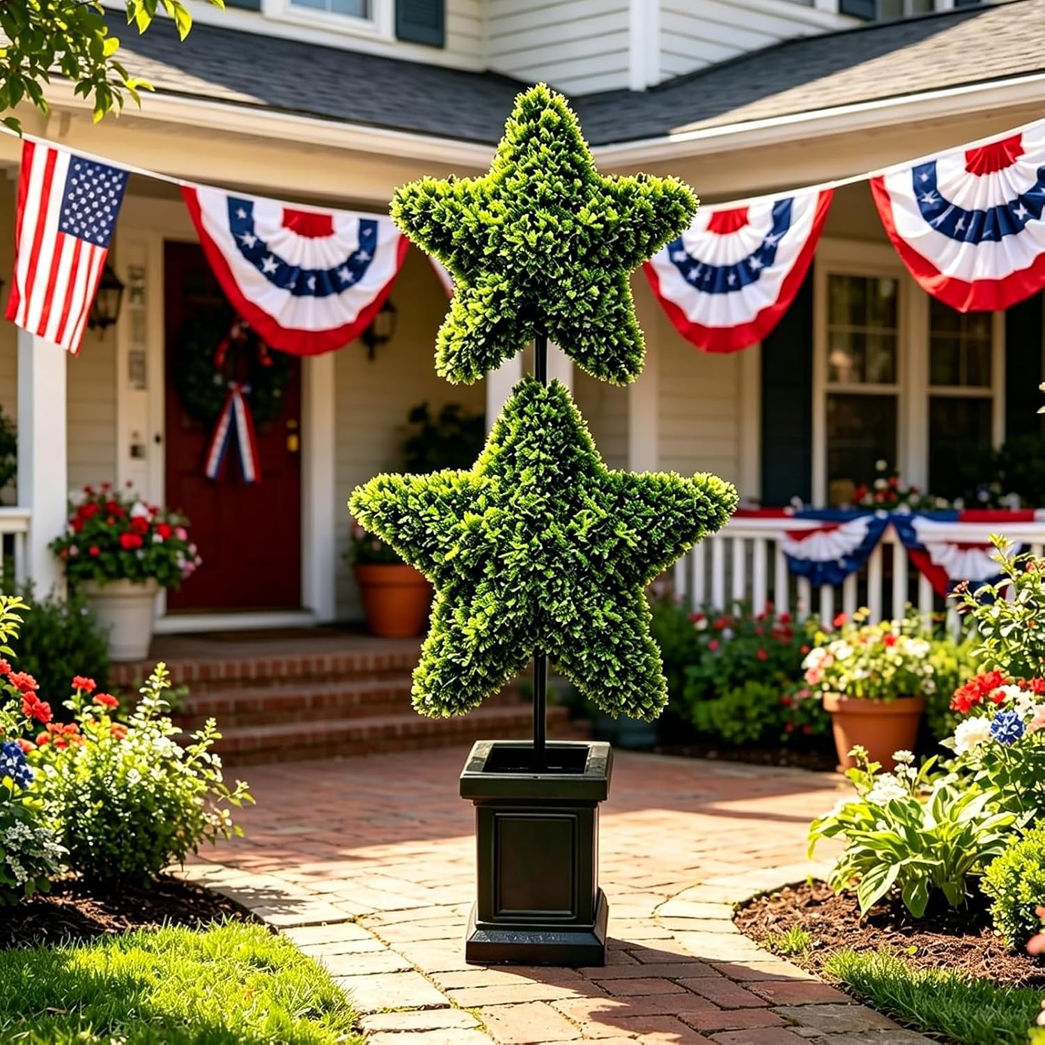 Patriotic Star Topiary Tree, Two Star Artificial Boxwood Topiary Tree, Indoor Outdoor Patriotic Star Shaped Artificial Plant Decor for 4th of July Indoor Outdoor Memorial Day Centerpiece (Green)