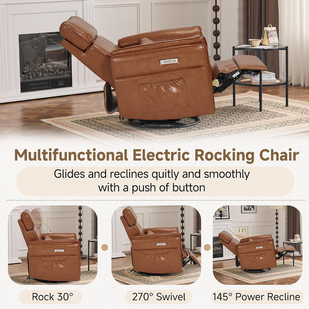 MELLCOM Power Recliner Rocking Chair with Adjustable Arms and Headrest, Swivel Electric Glider Reclining Nursing Chair Nursery Gliders with USB Port and Storage Bags, FSC Certified(Leather, Brown)