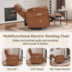 MELLCOM Power Recliner Rocking Chair with Adjustable Arms and Headrest, Swivel Electric Glider Reclining Nursing Chair Nursery Gliders with USB Port and Storage Bags, FSC Certified(Leather, Brown)