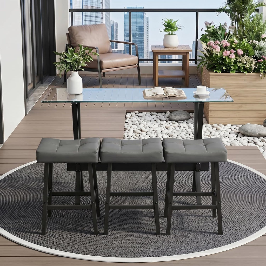 59" 4-Piece Bar Table Set, Behind Couch Sofa Table Set with Tempered Glass Top and 3 PU Stools, Counter Height Table Set for Living Room, Dining Room(Clear Glass/Gray)