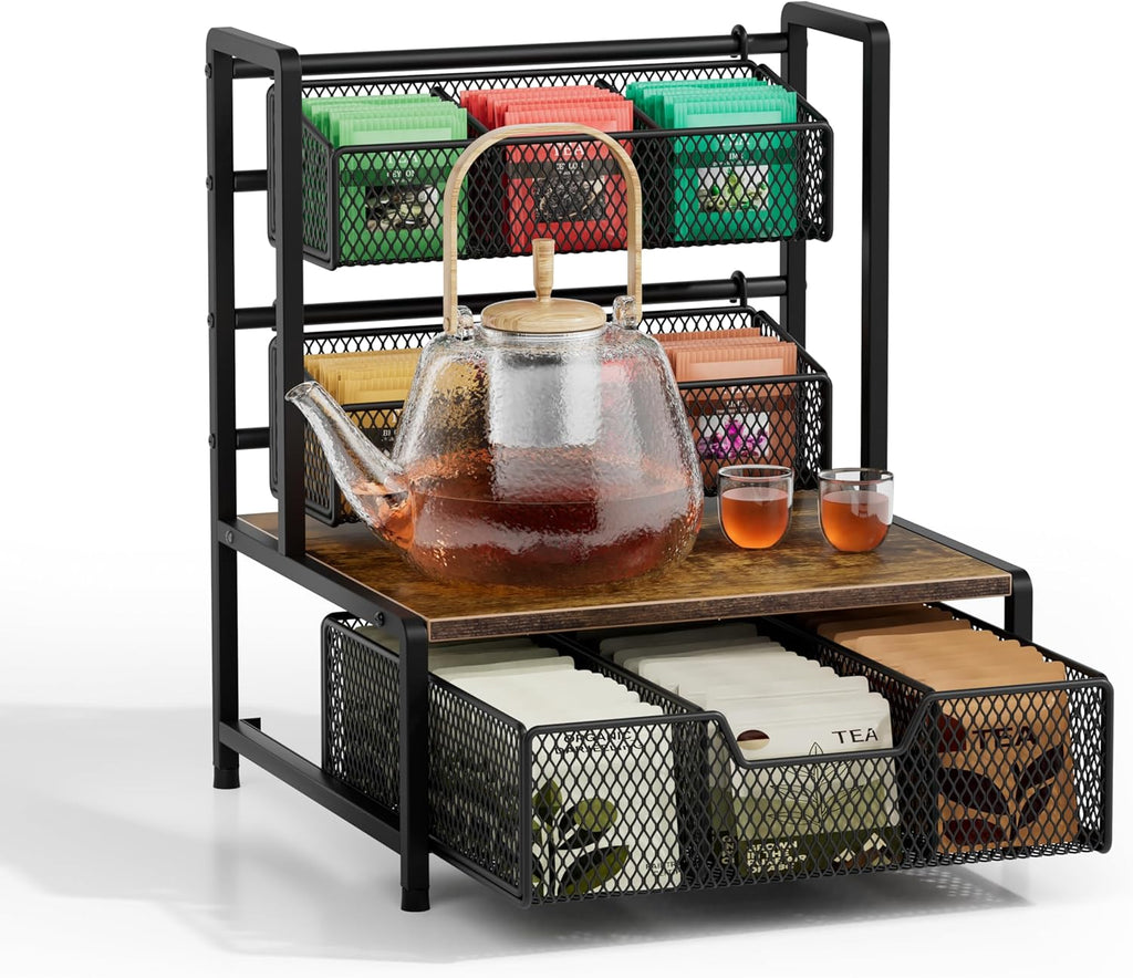 Tea Bag Organizer, 3 Tier Tea Bag Holder with Drawer, Tea Storage Chest for Countertop
