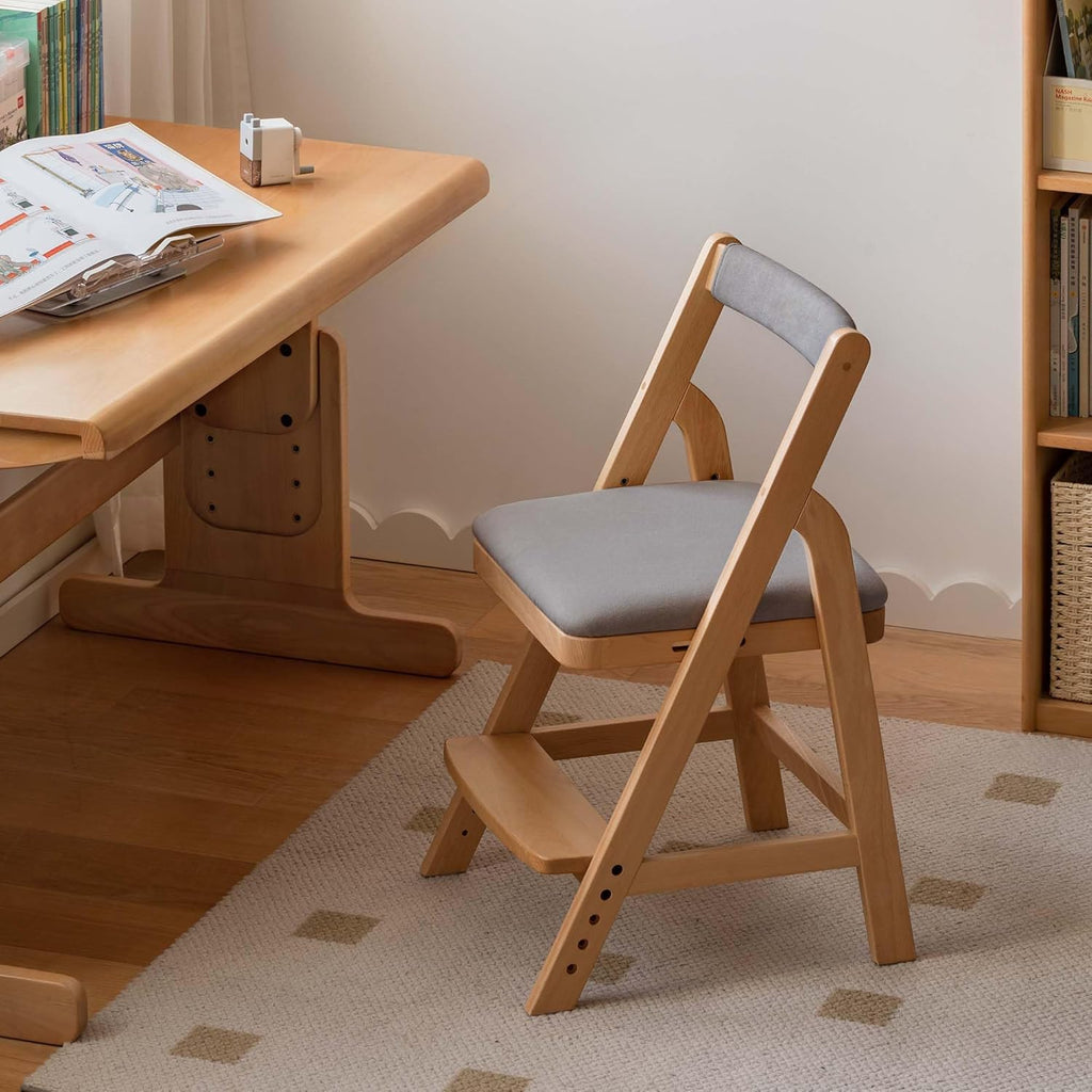 YESWOOD Solid Wood Kids Study Chair, Height Adjustable Chidren Student Chair with Removable Seat Cushion and Backrest, Wooden Chair for Home Office, Living Room, Bedroom, Study (Fabric Grey)