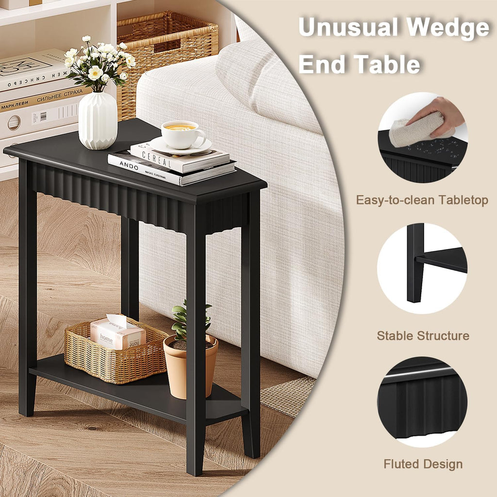 ChooChoo Fluted Recliner Side Tables Set of 2 with 2-Tier Storage Shelf | Wedge End Table for Small Space, Narrow Triangle Side Table for Corner, Living Room, Bedroom, Black