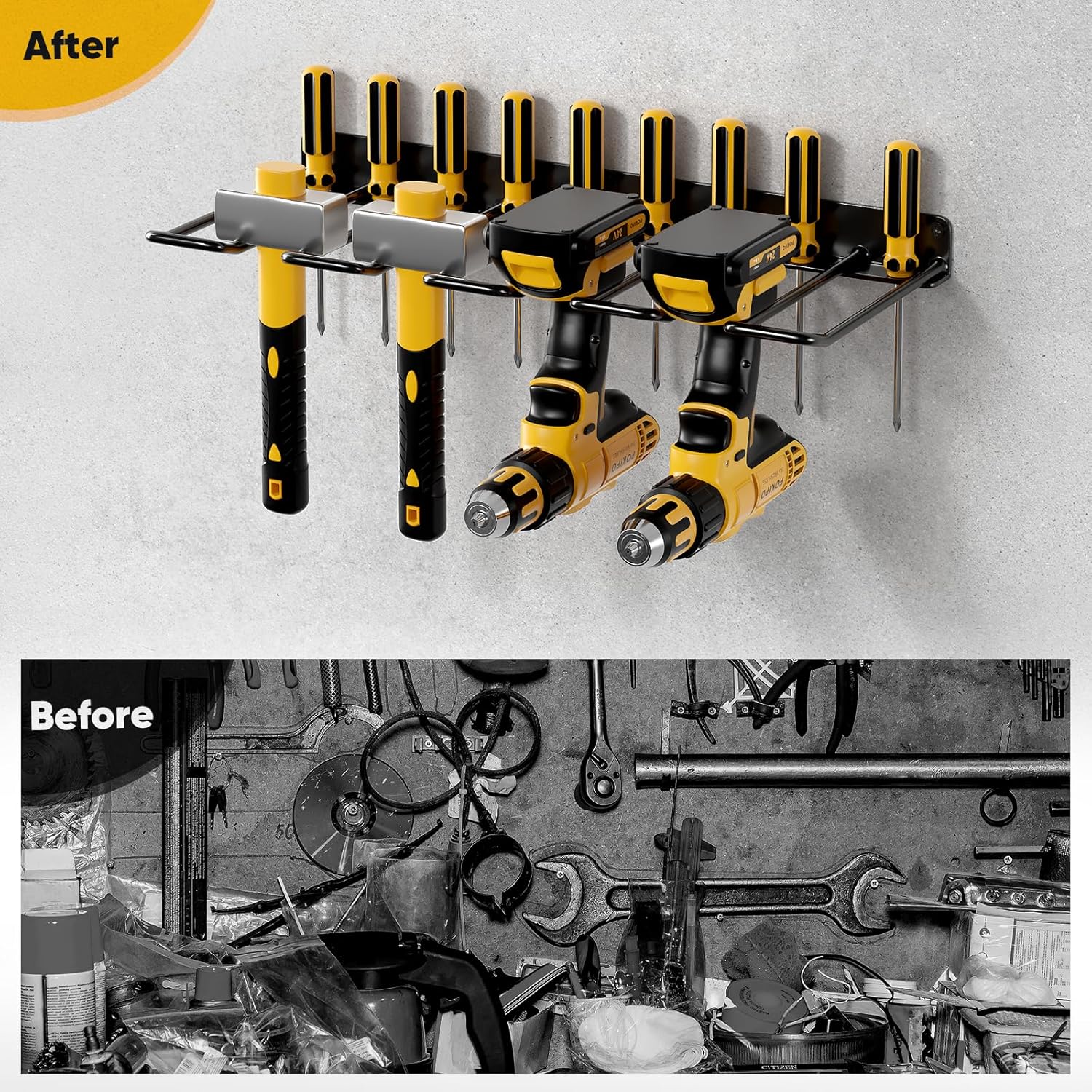 POKIPO Power Tool Organizer, Drill Holder Wall Mount, Heavy Duty Garage Tool Organizer and Storage, Suitable Tool Rack for Tool Room, Workshop, Garage (Black-1 Tirer) (Pack of 2)
