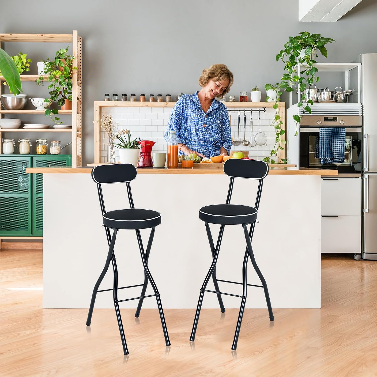 Thyle 1 Pcs 29.5 Inch Folding Bar Stool with Backrest Tall Foldable Stool Chair with Cushioned Padded Portable Collapsible Counter Height Chair for Kitchen Island Shop Cafe Dining Room