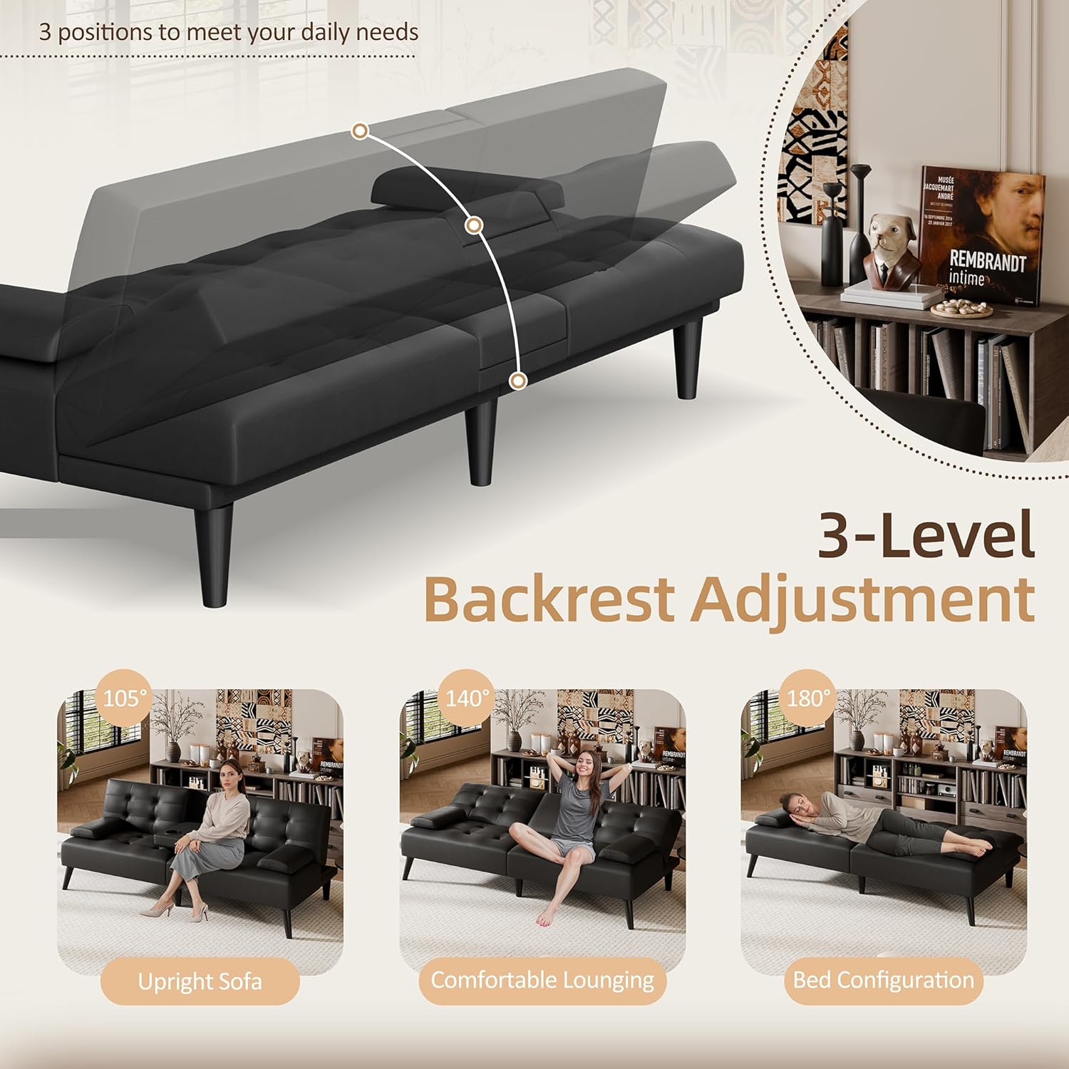 Shintenchi Futon Sofa Bed, Leather Foldable Futon Couch, Reclining Sleeper with Removable Armrests, Upholstered Loveseat Sofa Couch with Folding Cup Holders for Home, Office(Black)