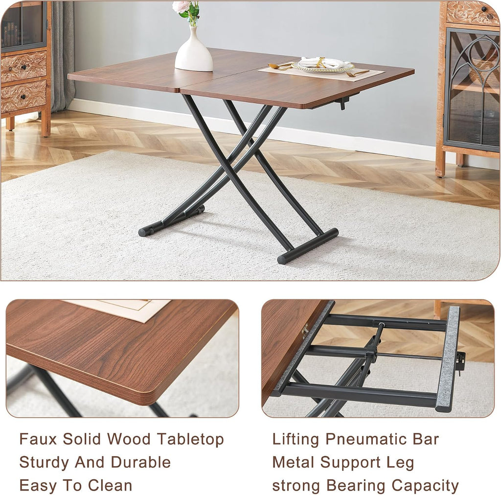 Space Saving Folding Dining Table, Adjustable Height Foldable Coffee Table with Wooden Tabletop and Metal Legs, Small Transformer Kitchen Table for Living Room, Dining Room, Apartment