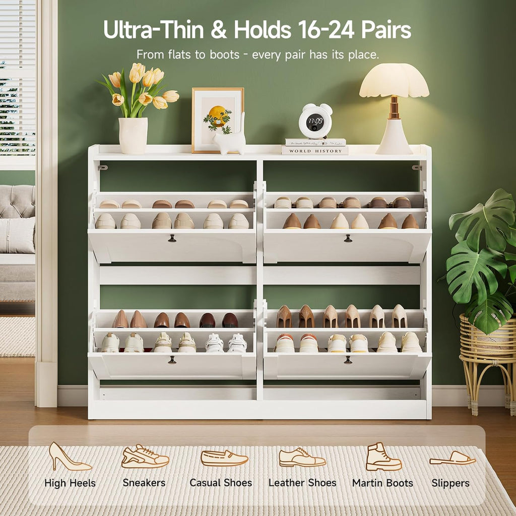 ONBRILL Shoe Cabinet with 4 Flip Drawers, Freestanding Ultra Slim Hidden Shoe Organizer with Classic Arched Pattern, 16-24 Pairs Shoe Storage Cabinet for Entryway Hallway Living Room (White)