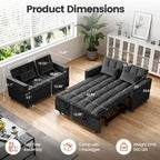 3 in 1 Sofa Bed, Loveseat Sleeper Sofa Bed with Side Pockets, Velvet Fabric Pull Out Couch with Adjustable Backrest for Living Room, Bedroom, Apartment, Black