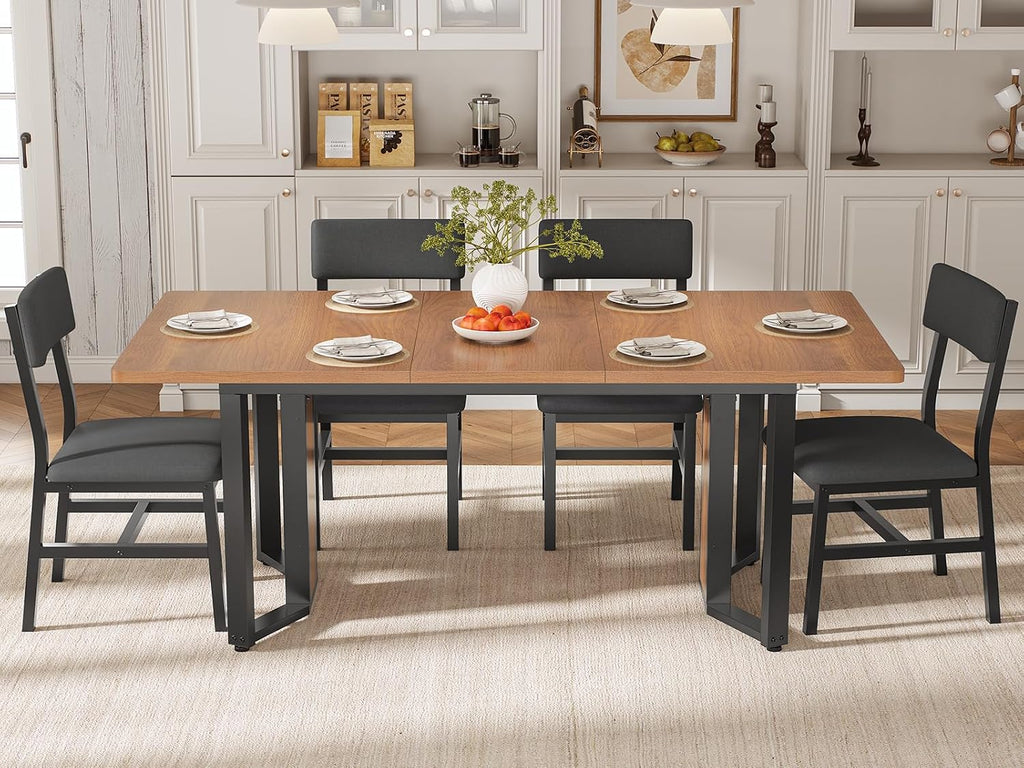 Itaar 5-Piece Dining Table Set for 4-6 People, 63" Extendable Kitchen Table and 4 Cushion Chairs, Dining Room Table with MDF Board & Metal Frame for Small Space, Easy Clean, Brown