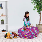Posh Creations Stuffable Kids Stuffed Animal Storage Bean Bag Chair Cover - Childrens Toy Organizer, Large-38 - Canvas Multi-Colored Hearts on Purple