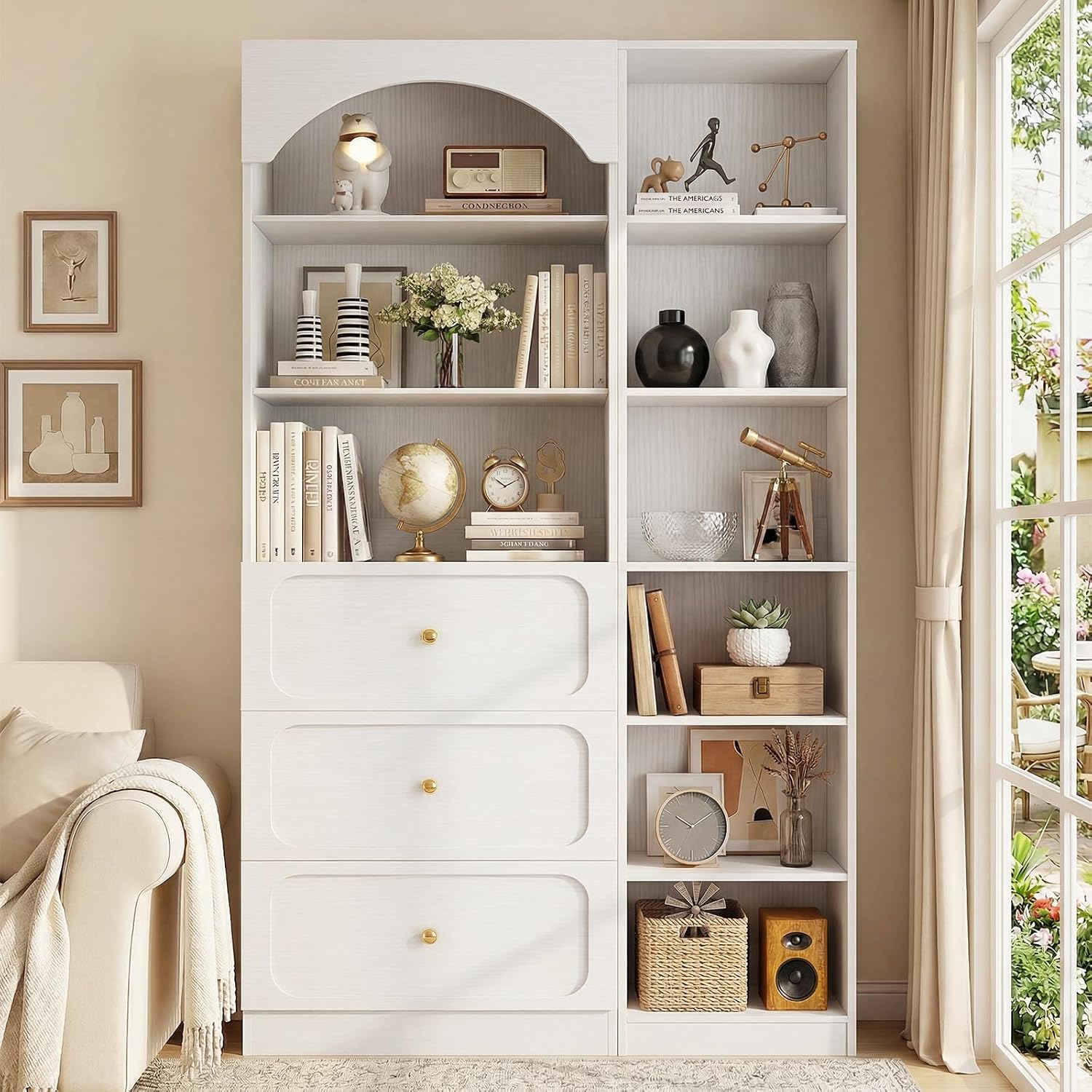 Cyclysio 80" Tall Pantry System with 3 Drawers, Arched Pantries with 9-Tier Open Shelves, Wooden Cupboard Storage Organizer with Baseboard Cutout for Living Room, Kitchen
