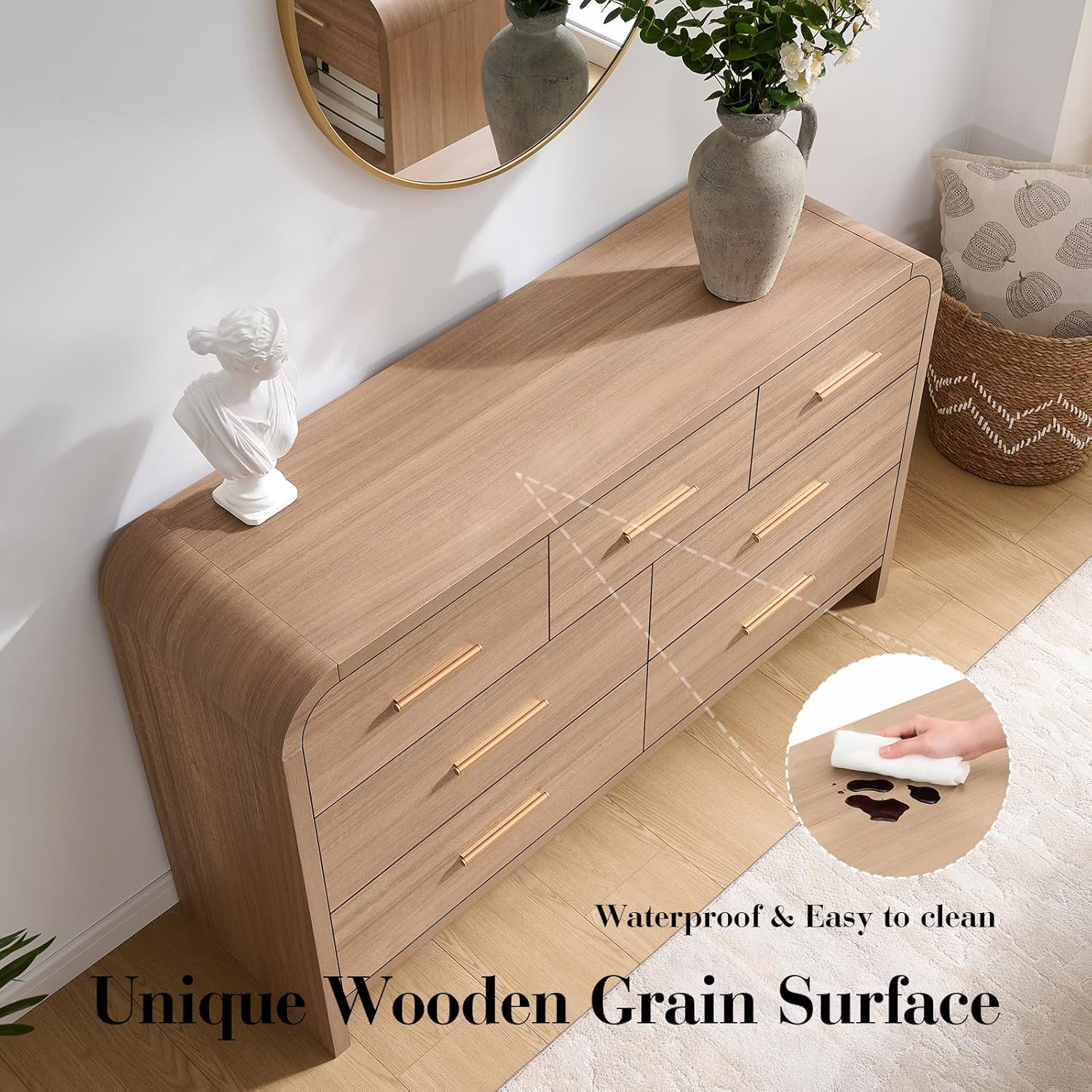 Curved 7 Drawer Dresser for Bedroom, 53.82'' Wide Chest of Drawers, Modern Storage Cabinet for Hallway & Living Room TV Stand, FSC Certified 1.18" Thick Board, 100 lbs Top Weight, Oak