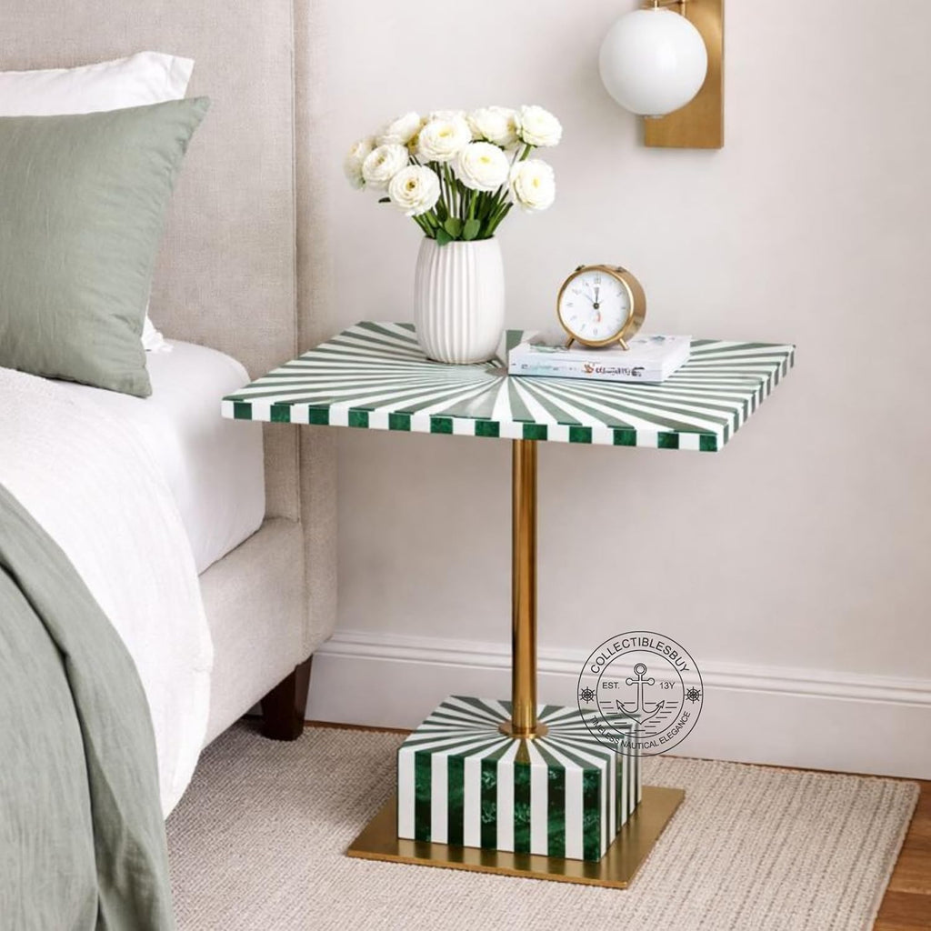 Handcrafted Green White Bone Inlay Side Table Sunburst Design Brass Pedestal Accent Table Modern End Table for Living Room Bedroom Home Decor