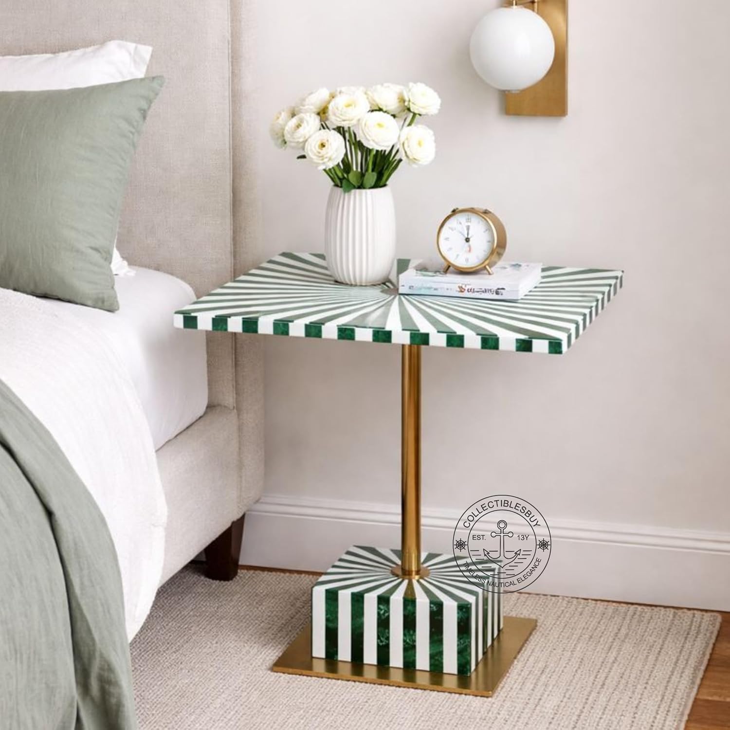 Handcrafted Green White Bone Inlay Side Table Sunburst Design Brass Pedestal Accent Table Modern End Table for Living Room Bedroom Home Decor