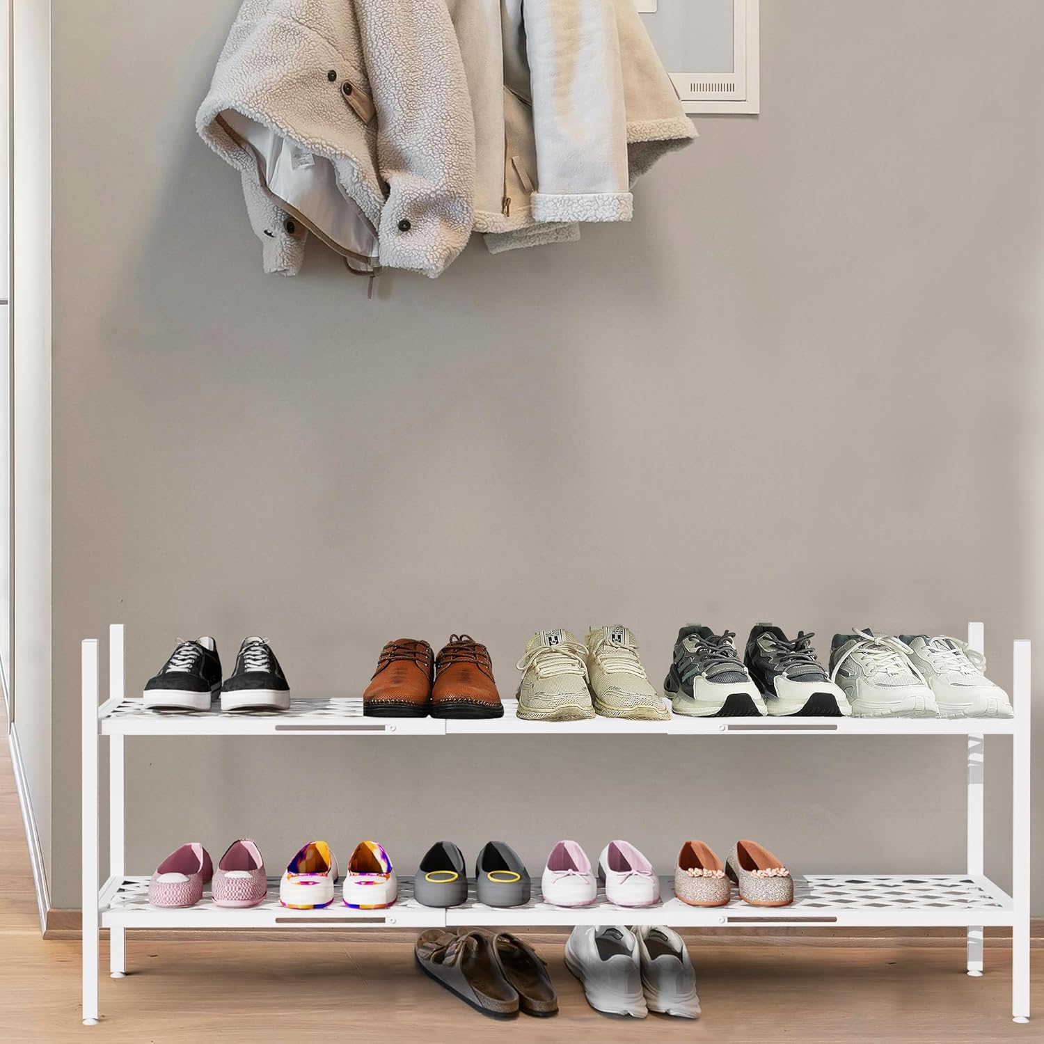 Shoe Rack, Expandable Shoes Organizer Metal Shelf Stand, 2 Tier Stackable Long Shoe Storage Holder For Closet, Floor, Entryway, Garage, Bedroom, Door Entrance For 12-18 Pairs, 45.6 inches White