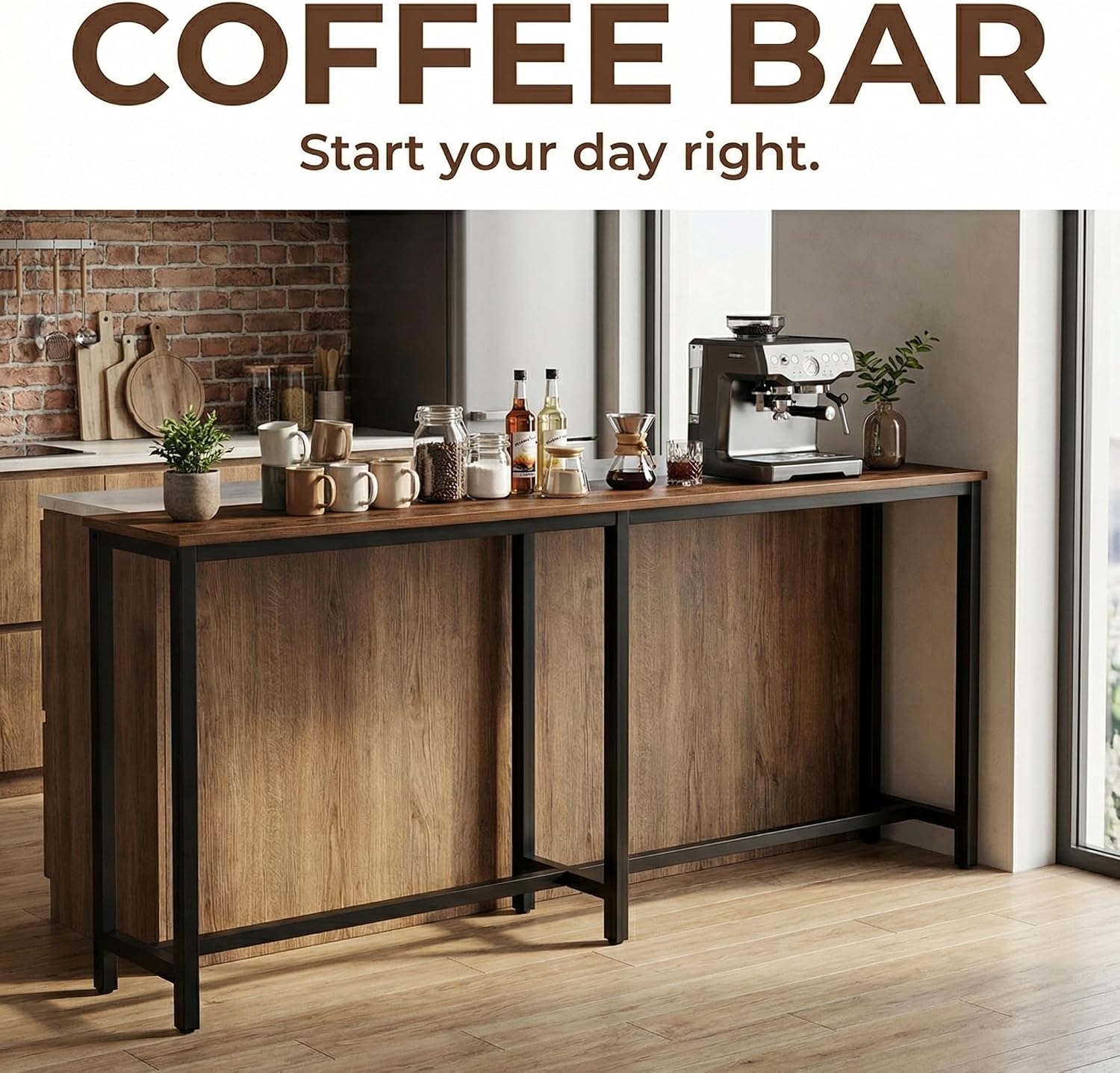 Homleke 71" L Narrow Bar Table, Counter Height Pub Desk, Rustic Brown and Black