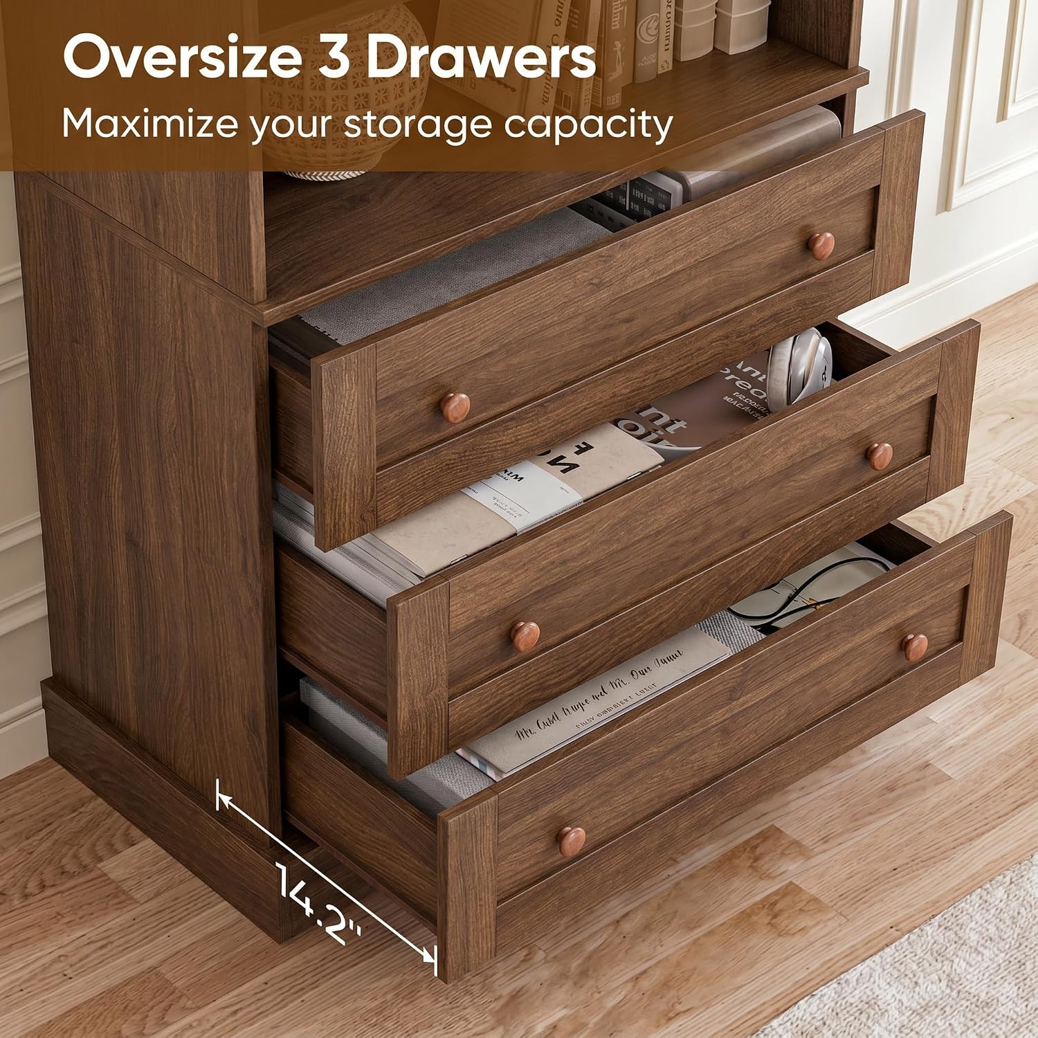 Vyre 71" Tall Farmhouse Kitchen Pantry, Set of 3 Large Storage Cabinets with Glass Doors, Hutch Cabinet with Drawers, Adjustable Shelves for Living Room, Dining Room, Dark Brown