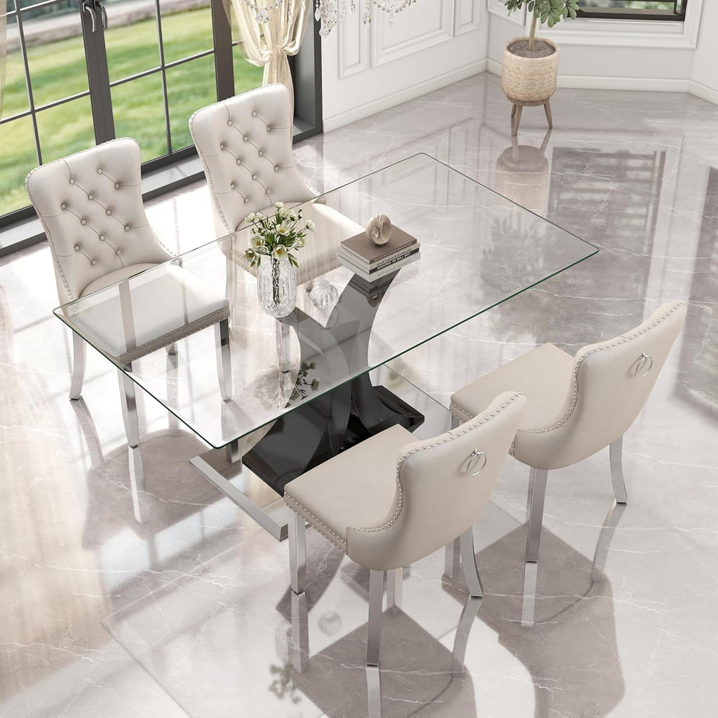 Modern Luxury Glass Dining Table for 4-6, 63'' Clear Minimalist Glass Top Kitchen Table, Large Apartment Rectangle Dinner Room Table with Black MDF & Silver Stainless Steel Base, for Home