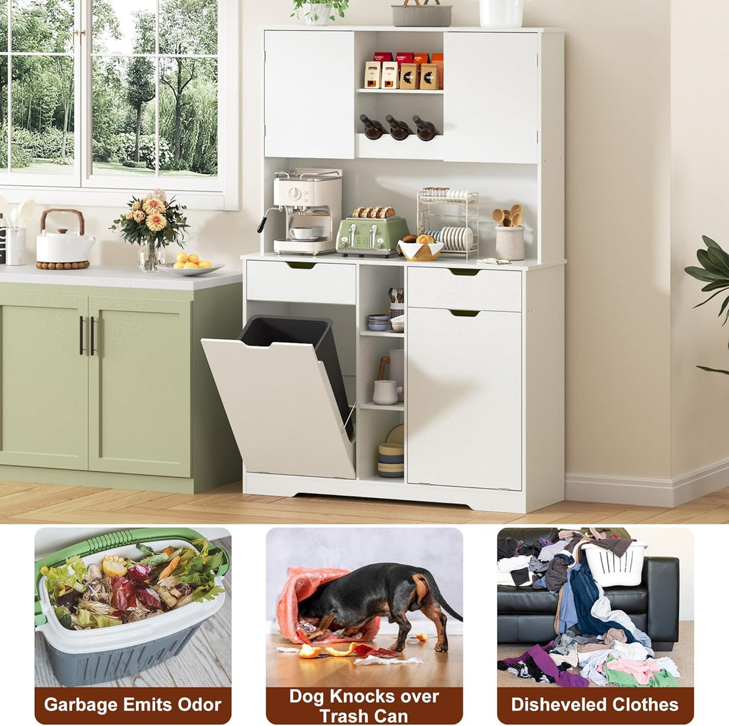 71"H Kitchen Pantry Storage Cabinet with Power Outlets and Two Drawers,10X2 Gallon Kitchen Hidden Double Tilt Out Trash Can Cabinet with Trash Bin Storage Holders,Laundry Hamper Cabinets(White)