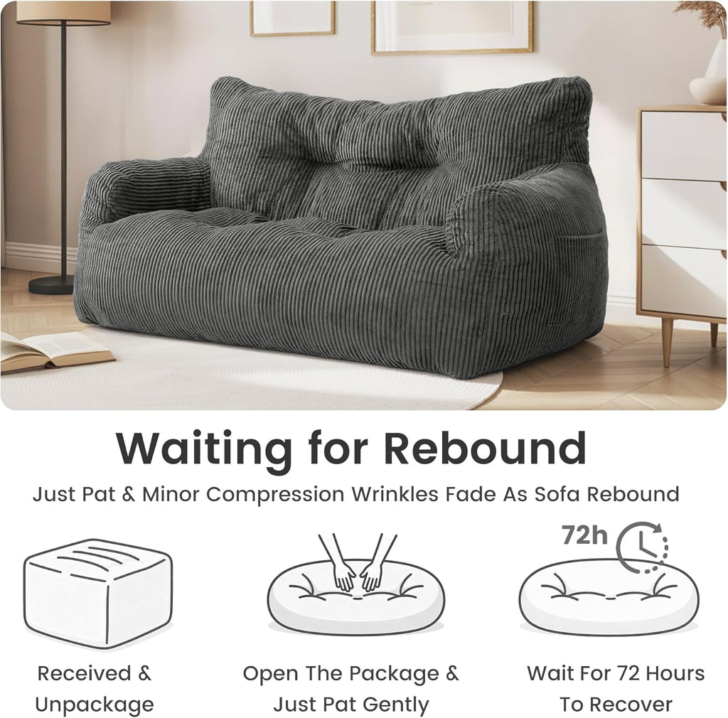 59" Bean Bag Chair,2 Seat Loveseat Sofa,Corduroy Lazy Sofa Bed for Adults,Fit Living Room, Bedroom,Outdoor Spaces,Ultra Soft Dutch Velvet,Fluffy Comfort Cover,Grey
