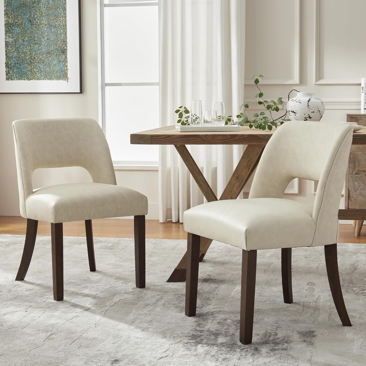 VKNOW Modern Dining Chairs Set of 2, Faux Leather Upholstered Dining Room Chair Kitchen Chairs, Farmhouse Dinner Chair for Kitchen Dining Room, Beige
