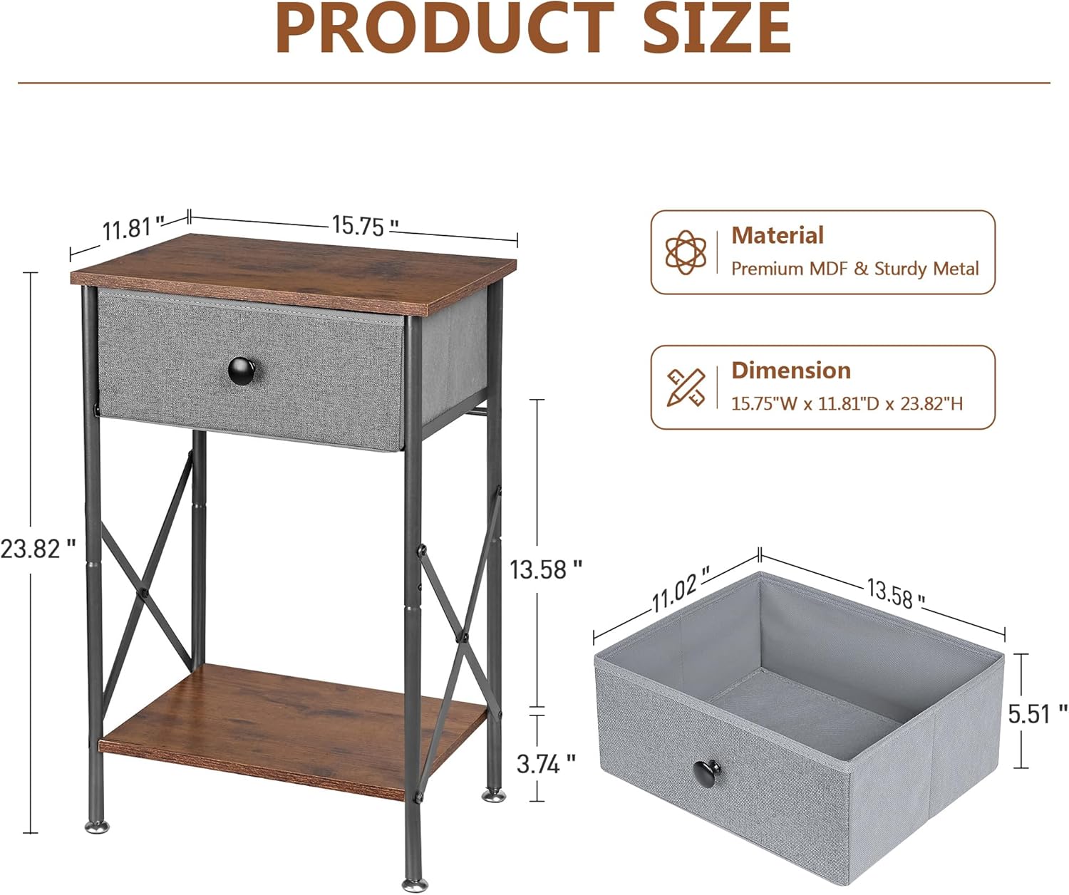 VECELO Night Stand Set of 2, Nightstand for Apartment, Dorm End Table for Small Spaces, Wood Side Table for Living Room, Bedside Table with Drawer for Bedroom, Easy Assembly, Rustic Brown