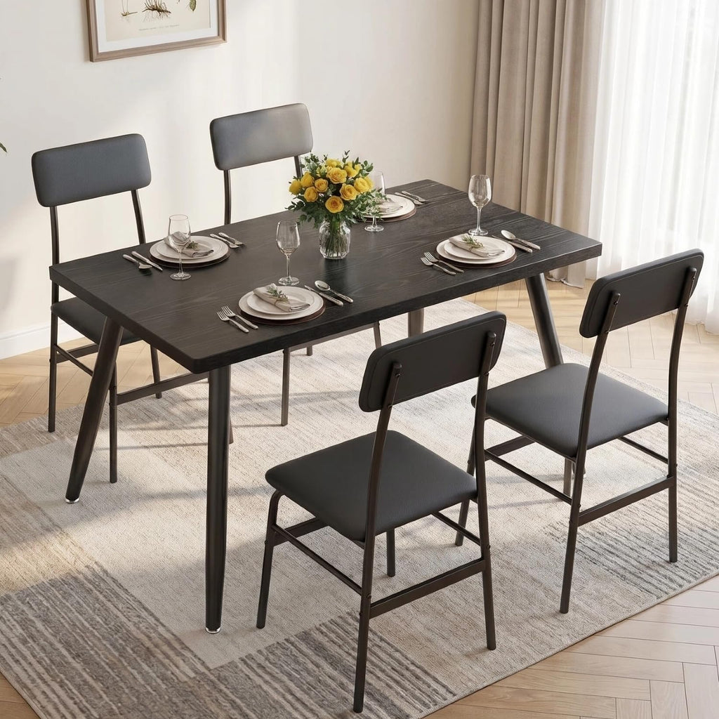 Gizoon Dining Table Set for 4, Modern Kitchen Table with Chairs, Black | Wood Top & Upholstered Chairs, 5-Piece Set for Apartment and Small Spaces, Comedor de 4 Sillas y Mesa