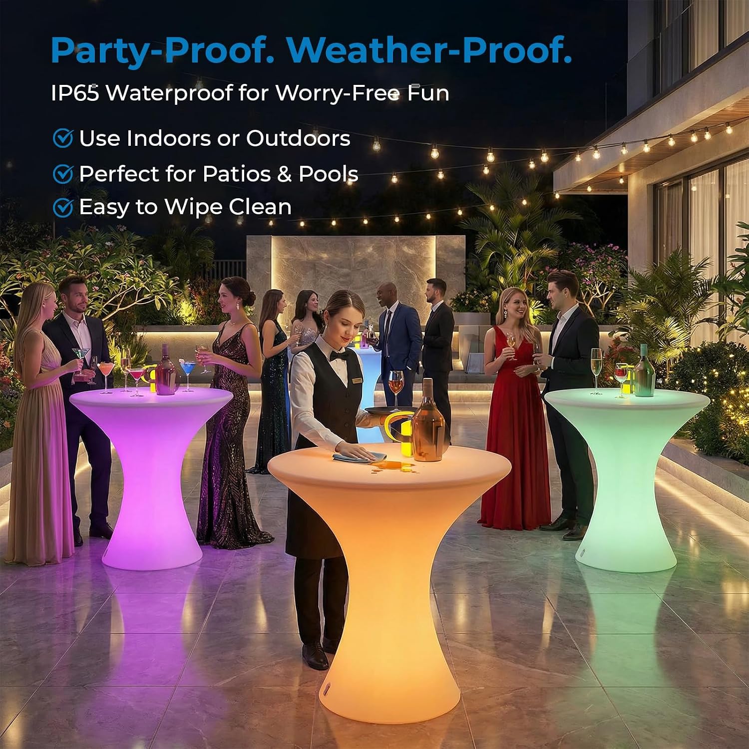 Mjkone 23" H LED Light Up Bar Table with Remote Controls, Rechargable Cocktail Tables for Party with 16 RGB Multi-Colored Lights, Waterproof Light Up Luminous Furniture for Home Bars, Round 1 Piece