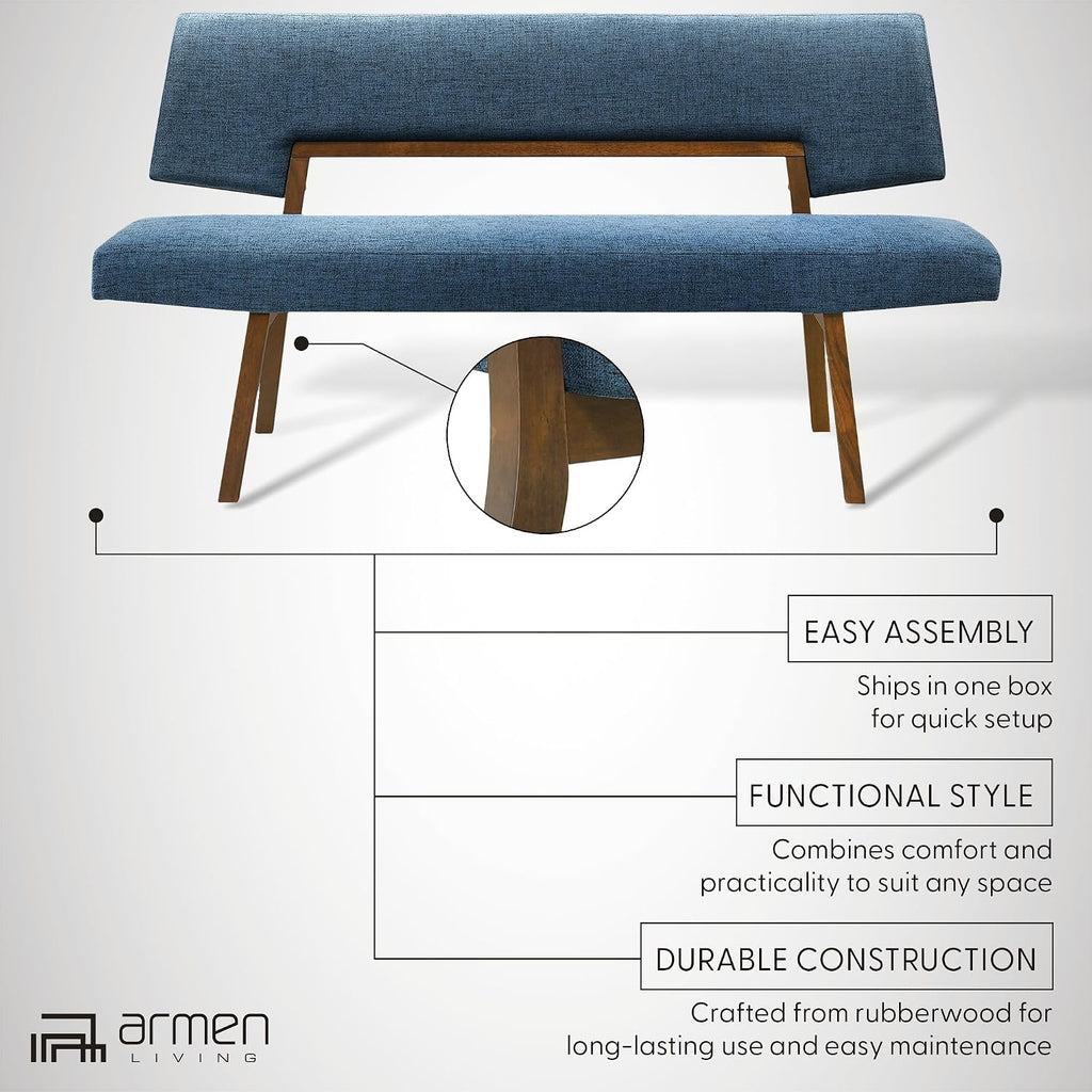 Channell Wood Dining Bench in Walnut Finish with Blue Fabric