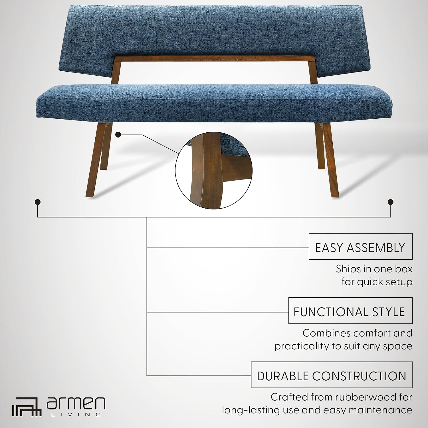Channell Wood Dining Bench in Walnut Finish with Blue Fabric