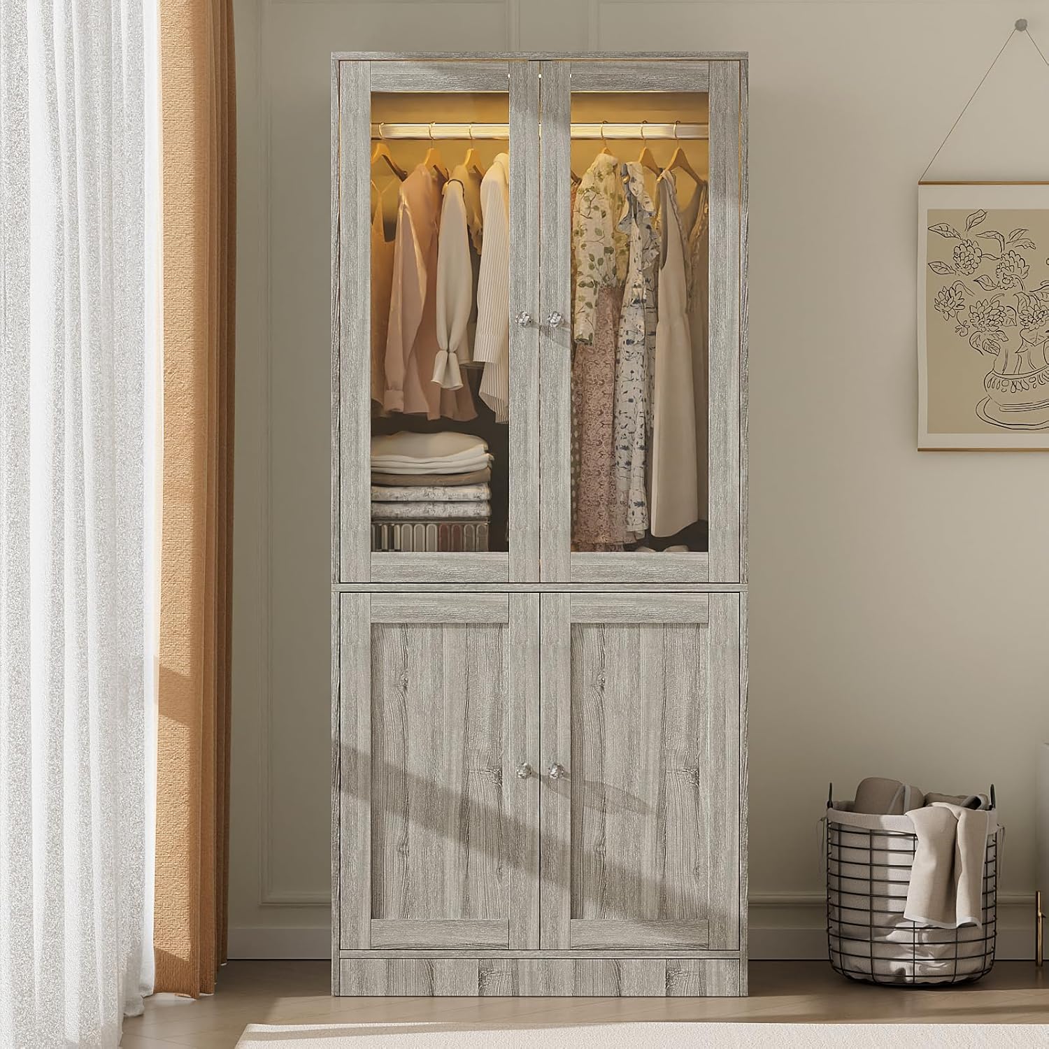 VOWNER 75" Tall Armoire Wardrobe Closet with 2 Glass Doors | Adjustable 3-color Lighting, Clothing Storage Cabinet with Hanging Rod, Wooden Armoire Storage Cabinet for Bedroom (Grey Oak)