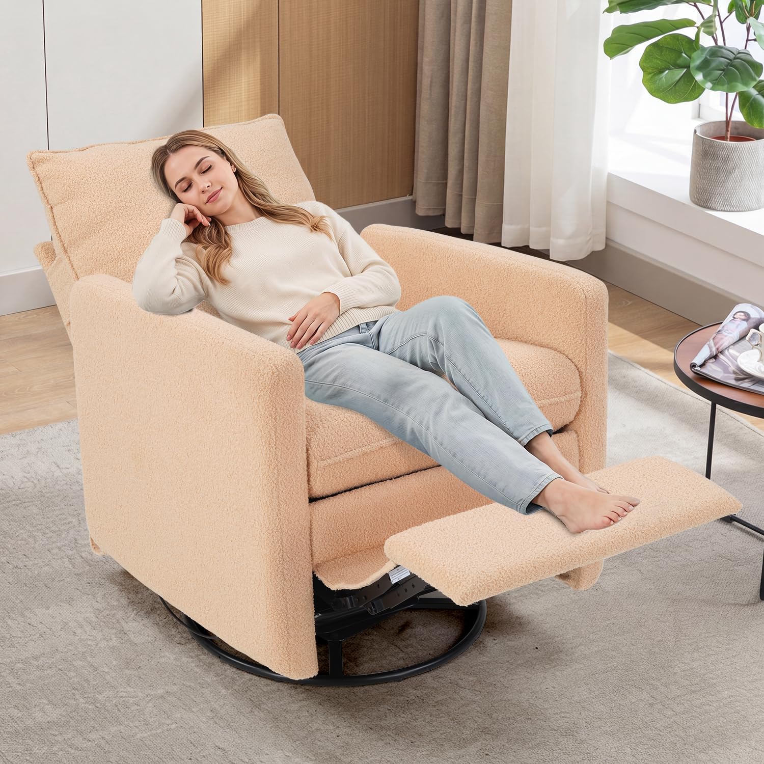 CANMOV Swivel Rocker Recliner Chair, Teddy Upholstered Nursery Glider Chair, Manual Reclining Chair with Two Removable Pillows for Living Room (Camel)