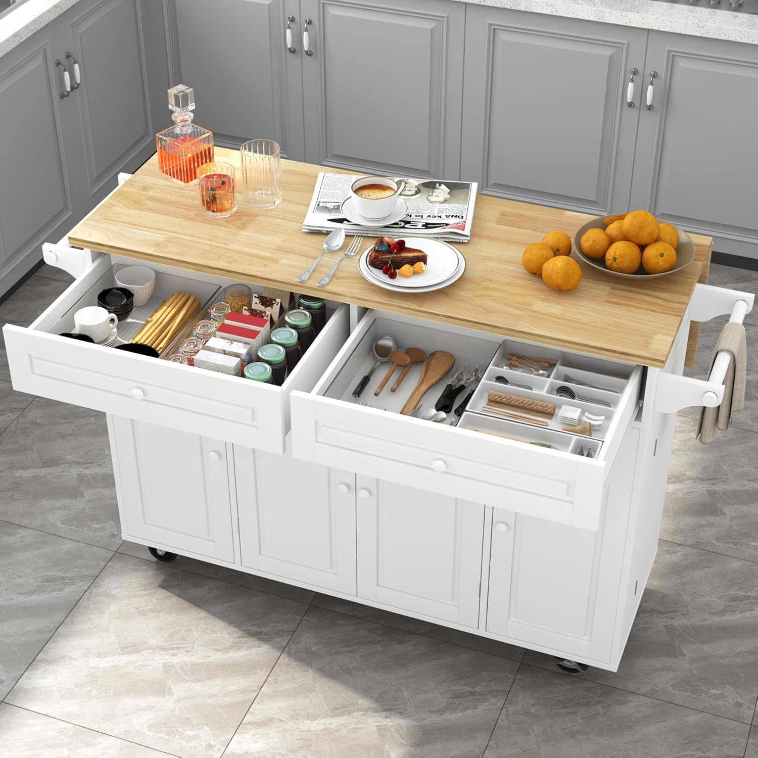 Squireewo 55" Kitchen Cart with Wood Top and Drop Leaf Breakfast Bar, Rolling Mobile Kitchen Island Table on Wheels with Drawer and Storage Cabinet, Spice Rack, Towel Rack, White