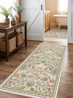 3x6 Washable Non-Slip Entryway Rug: Floral Indoor Runner Rugs Floor Carpet for Hallways Kitchen Bedroom Laundry Bathroom Beside Bed - Stain & Fade Resistant, Boho Botanical Design 3x6 Beige