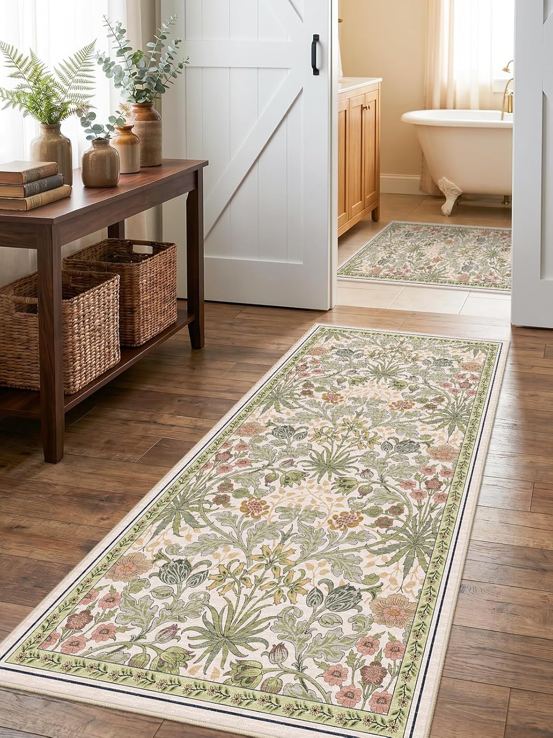 3x6 Washable Non-Slip Entryway Rug: Floral Indoor Runner Rugs Floor Carpet for Hallways Kitchen Bedroom Laundry Bathroom Beside Bed - Stain & Fade Resistant, Boho Botanical Design 3x6 Beige