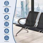 kinbor 3-Seat Waiting Room Chairs with Arms - Modern Reception Bench for Airport, Hospital, Office Lobby - Breathable Mesh & Durable Steel Waiting Area Furniture (Black)