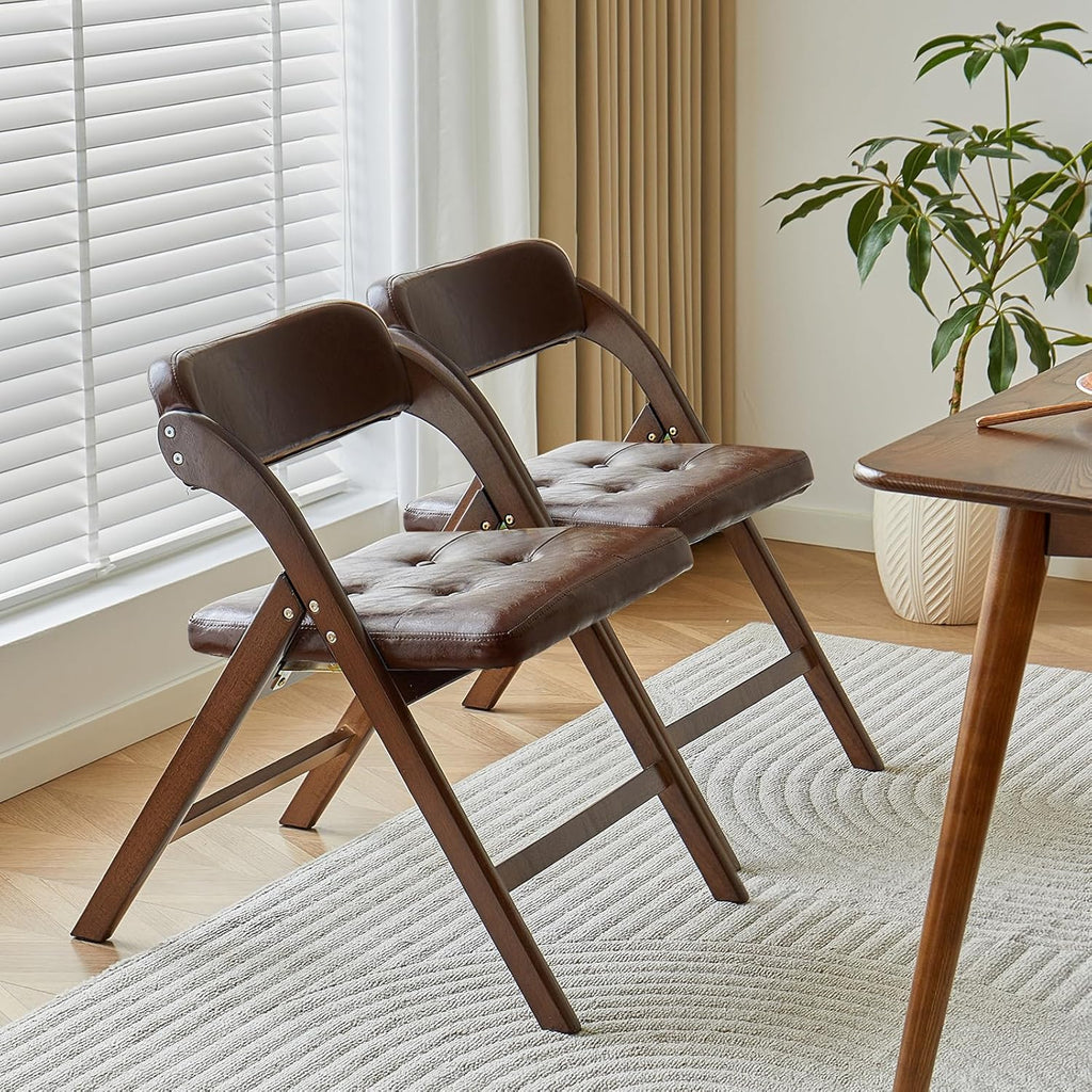 Wood Folding Chairs Set of 2, Upholstered Foldable Dining Chairs with Padded Seat and Backrest, Portable Accent Chairs for Kitchen, Dining Room, Apartment, Guest Seating, Walnut and Brown