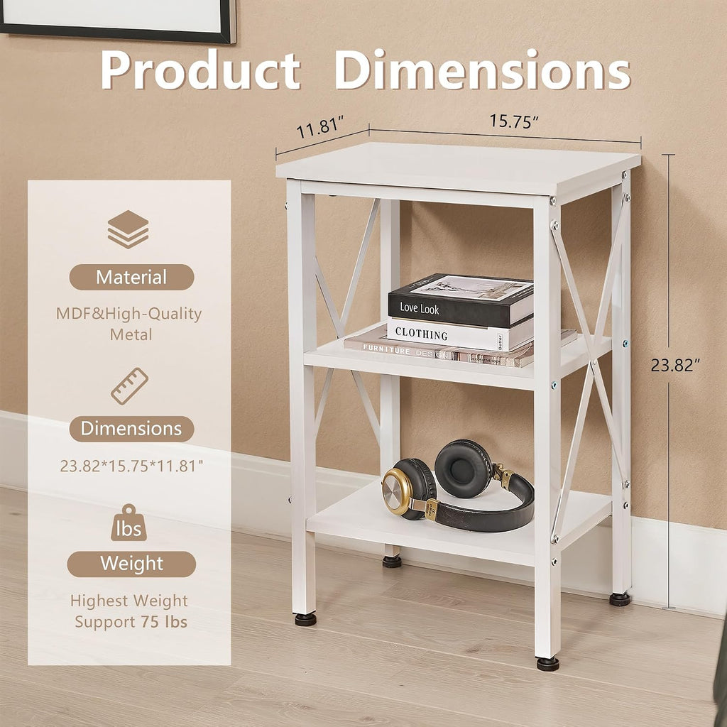 VECELO End Table, 24" Tall Living Room Side Tables, X-Design Reinforced Bedside Table, Nightstands with 3-Tier Storage Shelves for Small Spaces, Office, Bathroom, Bedroom, Pearl White, 1 Pack